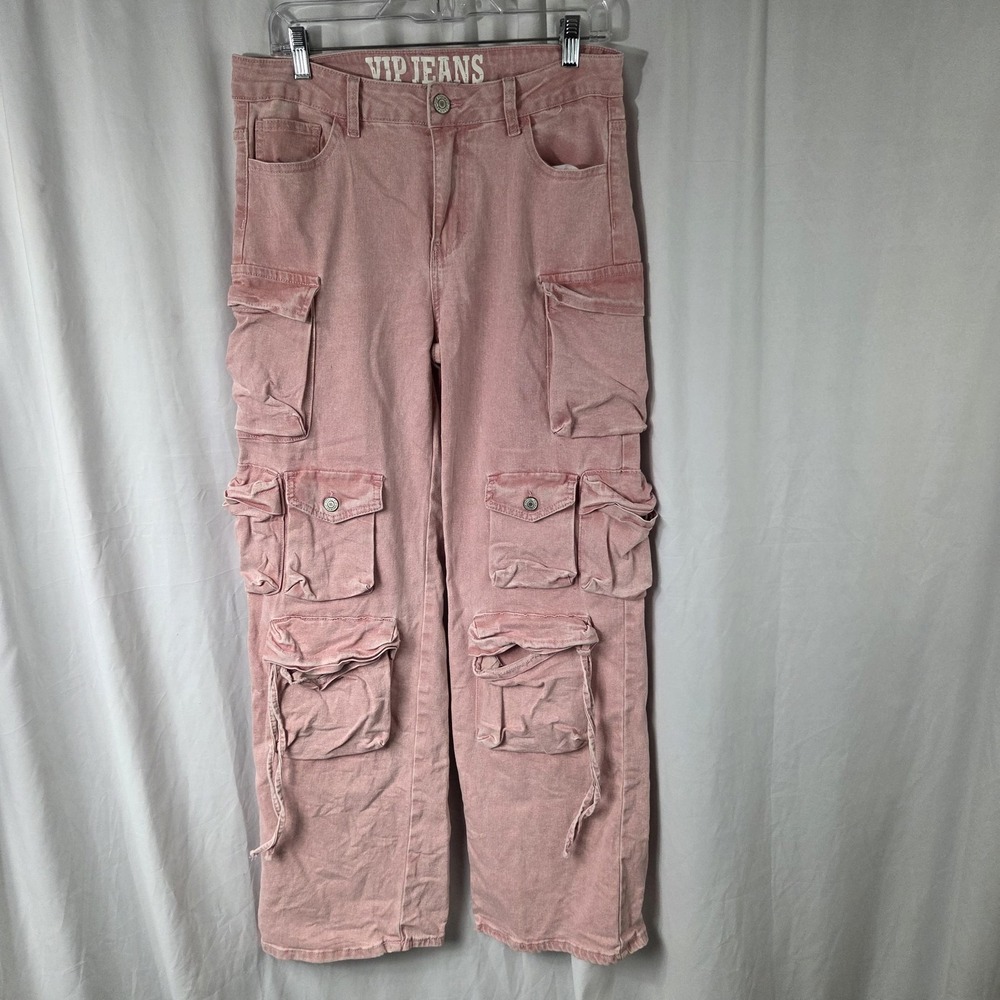 VIP Jeans Jeans Juniors 11/30 Pink Light Wash Mid Rise Cargo Straight Stretch
